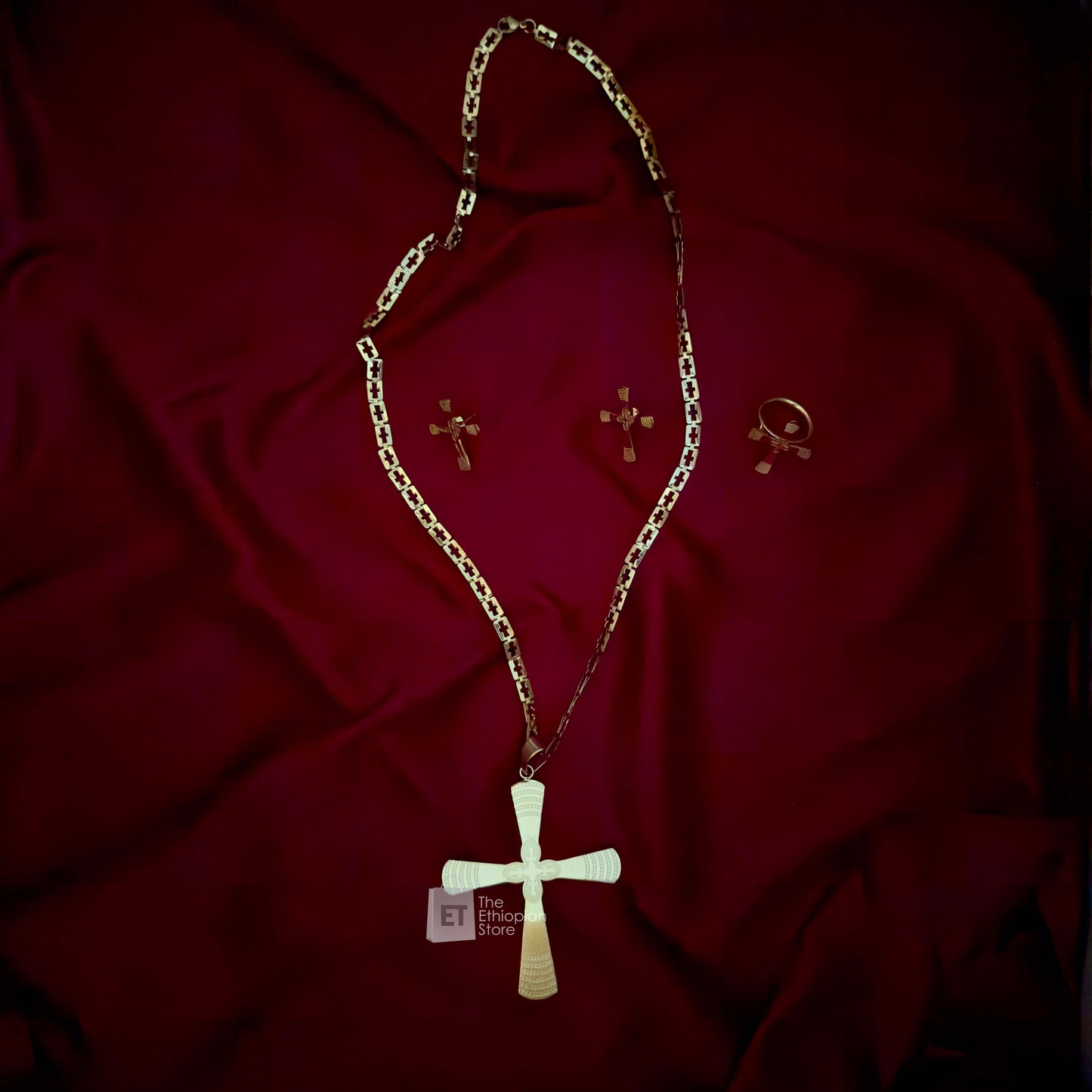 3-Piece Golden Toned Cross Habesha Jewelry Set Traditional Ethiopian Jewelry Includes Necklace, Earrings and  Ring