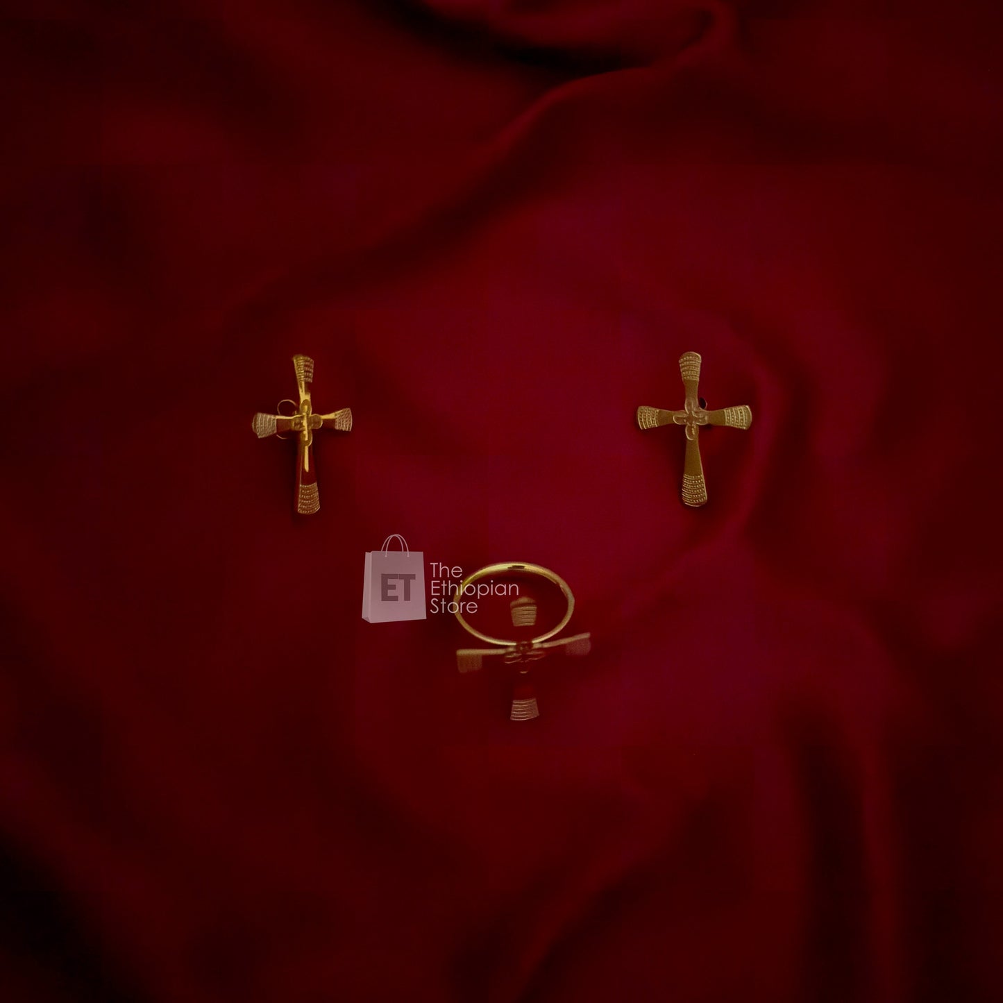 3-Piece Golden Toned Cross Habesha Jewelry Set Traditional Ethiopian Jewelry Includes Necklace, Earrings and  Ring