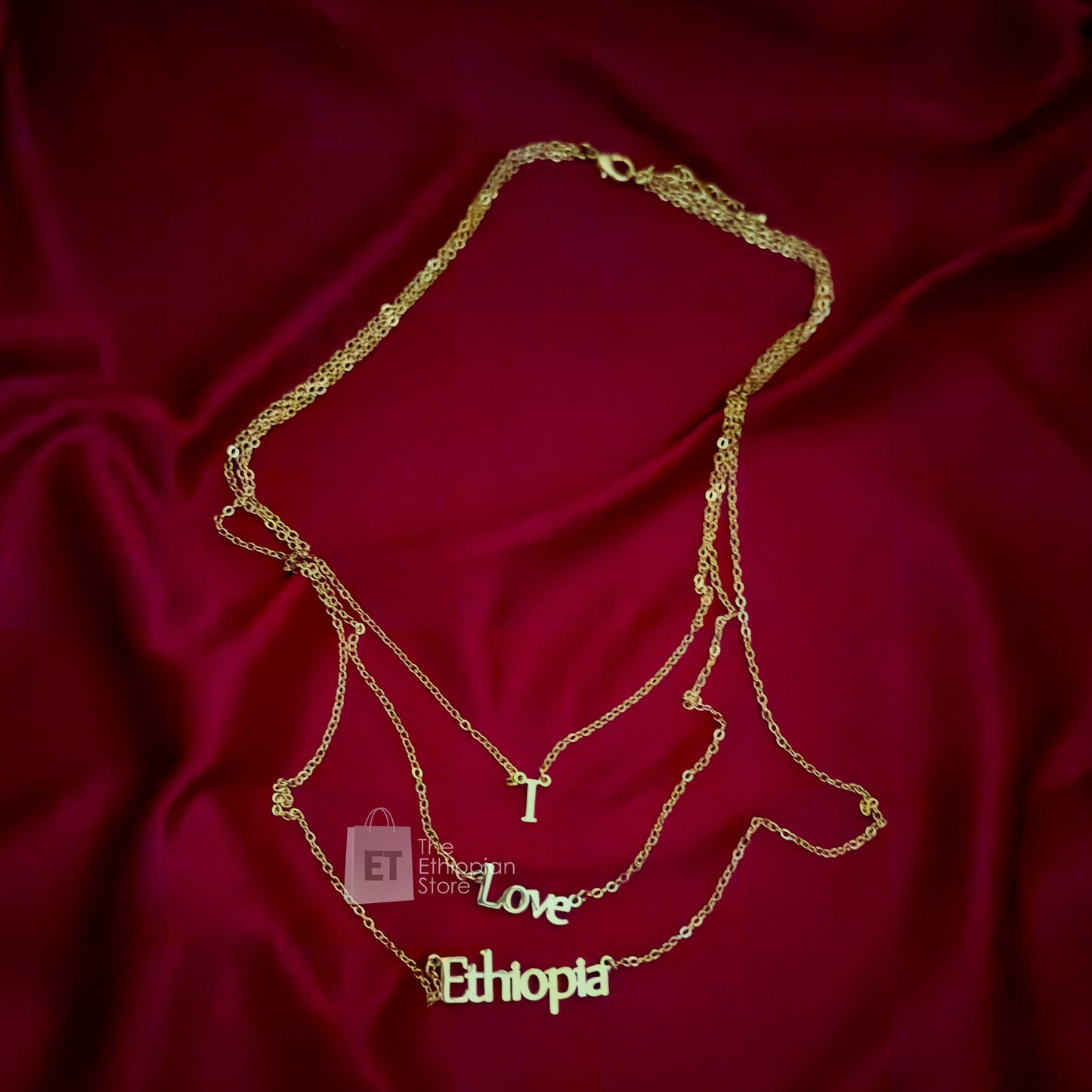 Triple Layer I Love Ethiopia Pendant Necklace in Golden Color Habesha Necklace Ethiopian Necklace
