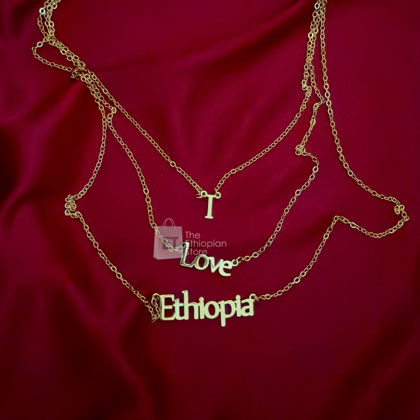 Triple Layer I Love Ethiopia Pendant Necklace in Golden Color Habesha Necklace Ethiopian Necklace
