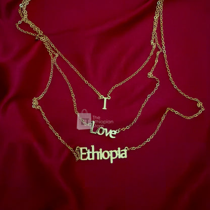 Triple Layer I Love Ethiopia Pendant Necklace in Golden Color Habesha Necklace Ethiopian Necklace