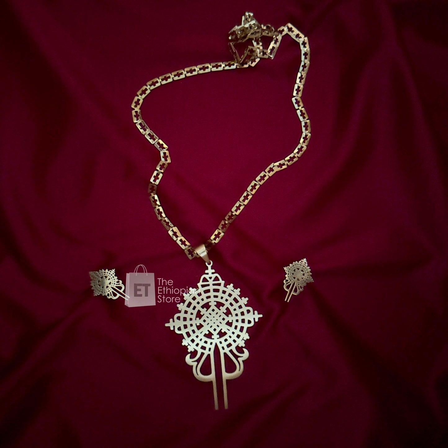 3-Piece Cross Design Golden Color Traditional Ethiopian Jewelry Habesha Jewelry Set Includes Necklace, Earrings and  Ring