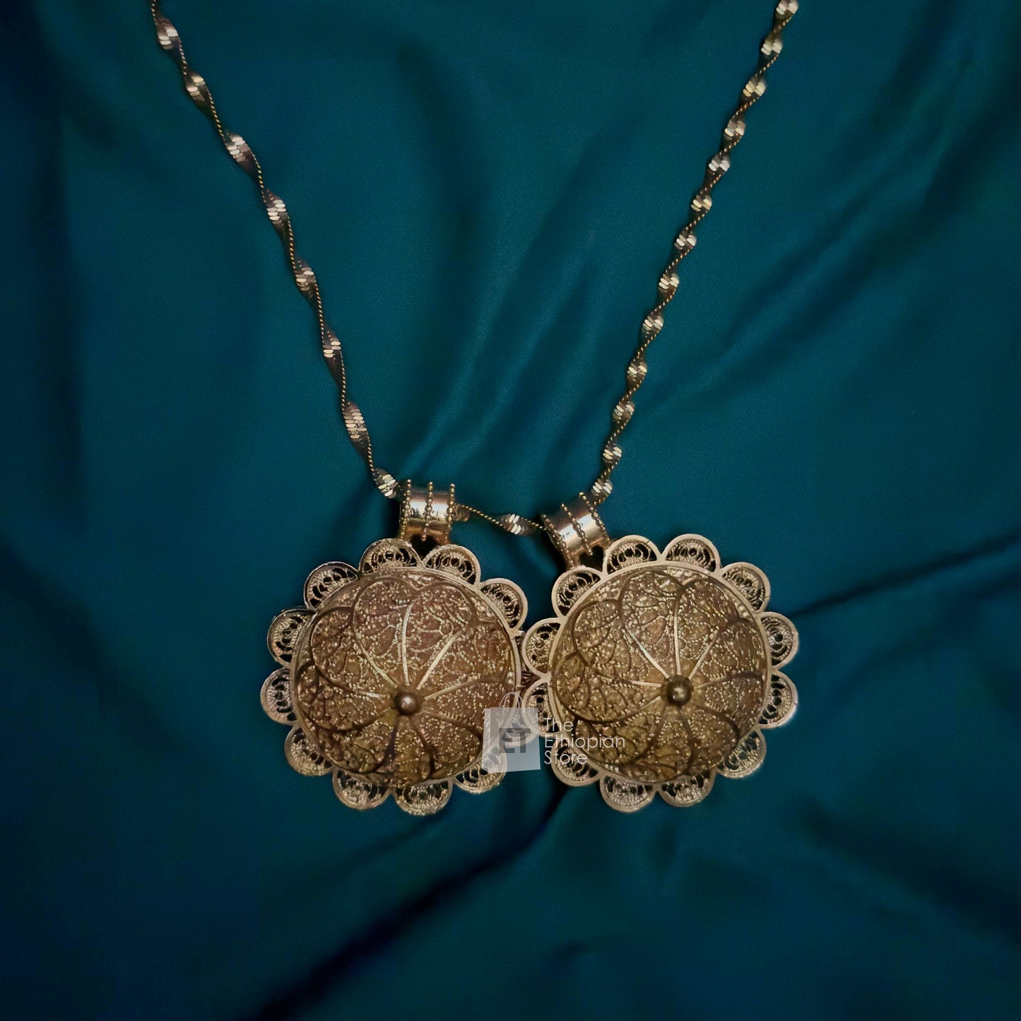 5-Piece Golden Colored Habesha Jewelry Set Ethiopian Circular Golden Jewelry Including Necklace, Earrings, Rings, Bracelet and Headpiece