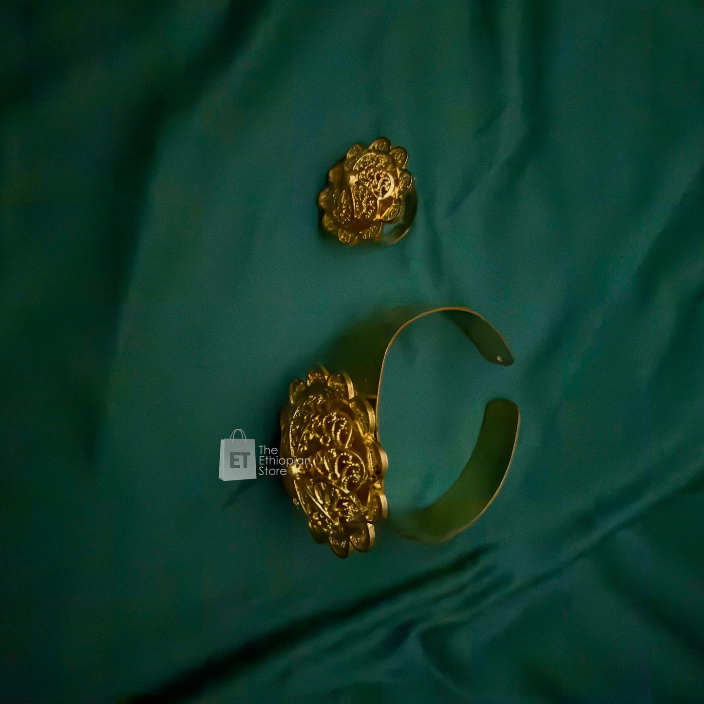 5-Piece Golden Colored Habesha Jewelry Set Ethiopian Circular Golden Jewelry Including Necklace, Earrings, Rings, Bracelet and Headpiece