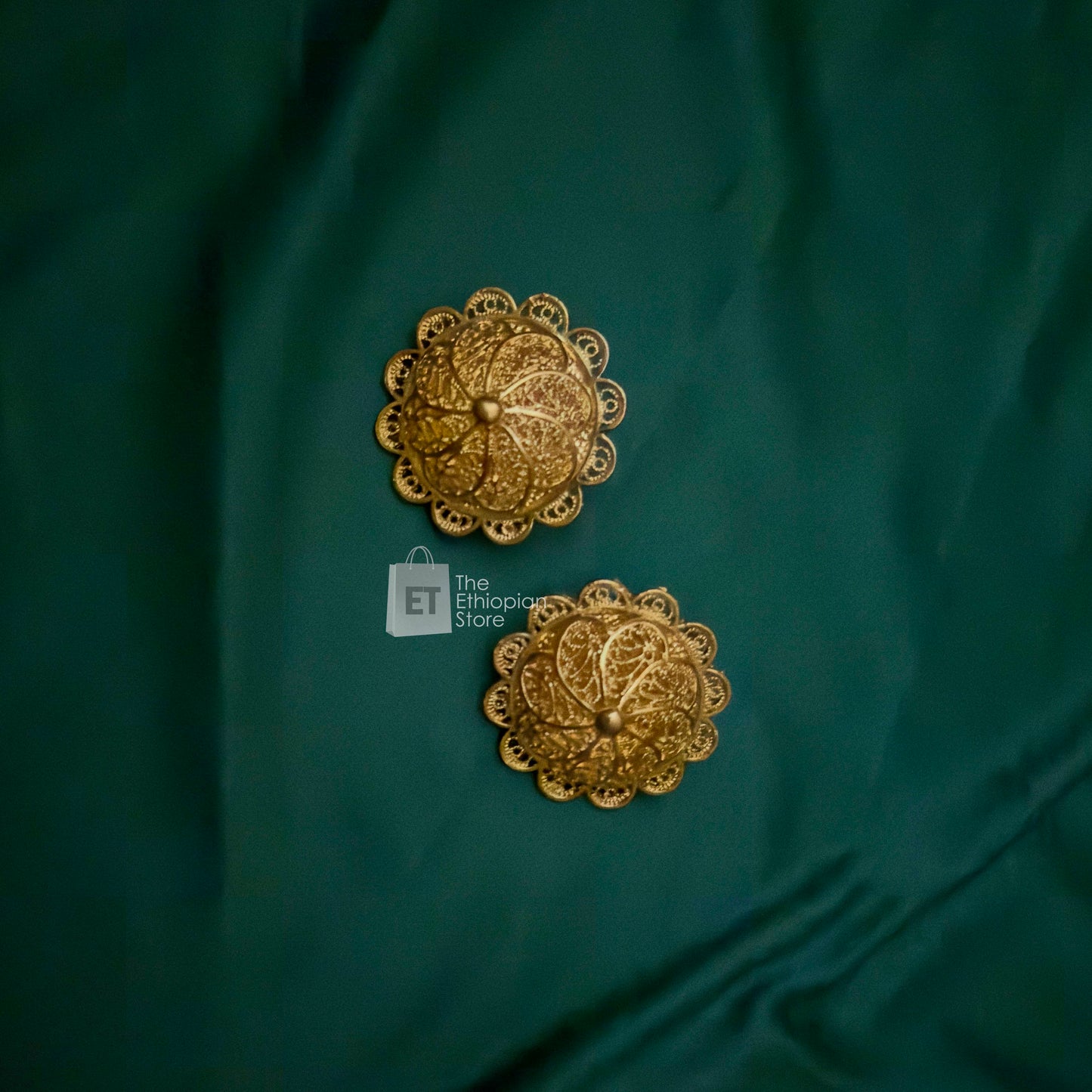 5-Piece Golden Colored Habesha Jewelry Set Ethiopian Circular Golden Jewelry Including Necklace, Earrings, Rings, Bracelet and Headpiece