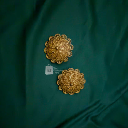 5-Piece Golden Colored Habesha Jewelry Set Ethiopian Circular Golden Jewelry Including Necklace, Earrings, Rings, Bracelet and Headpiece