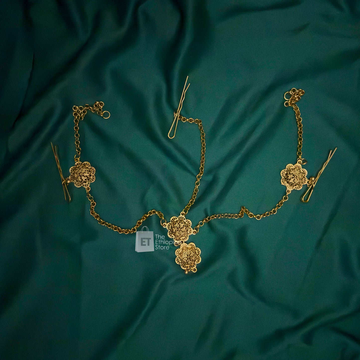 5-Piece Golden Colored Habesha Jewelry Set Ethiopian Circular Golden Jewelry Including Necklace, Earrings, Rings, Bracelet and Headpiece