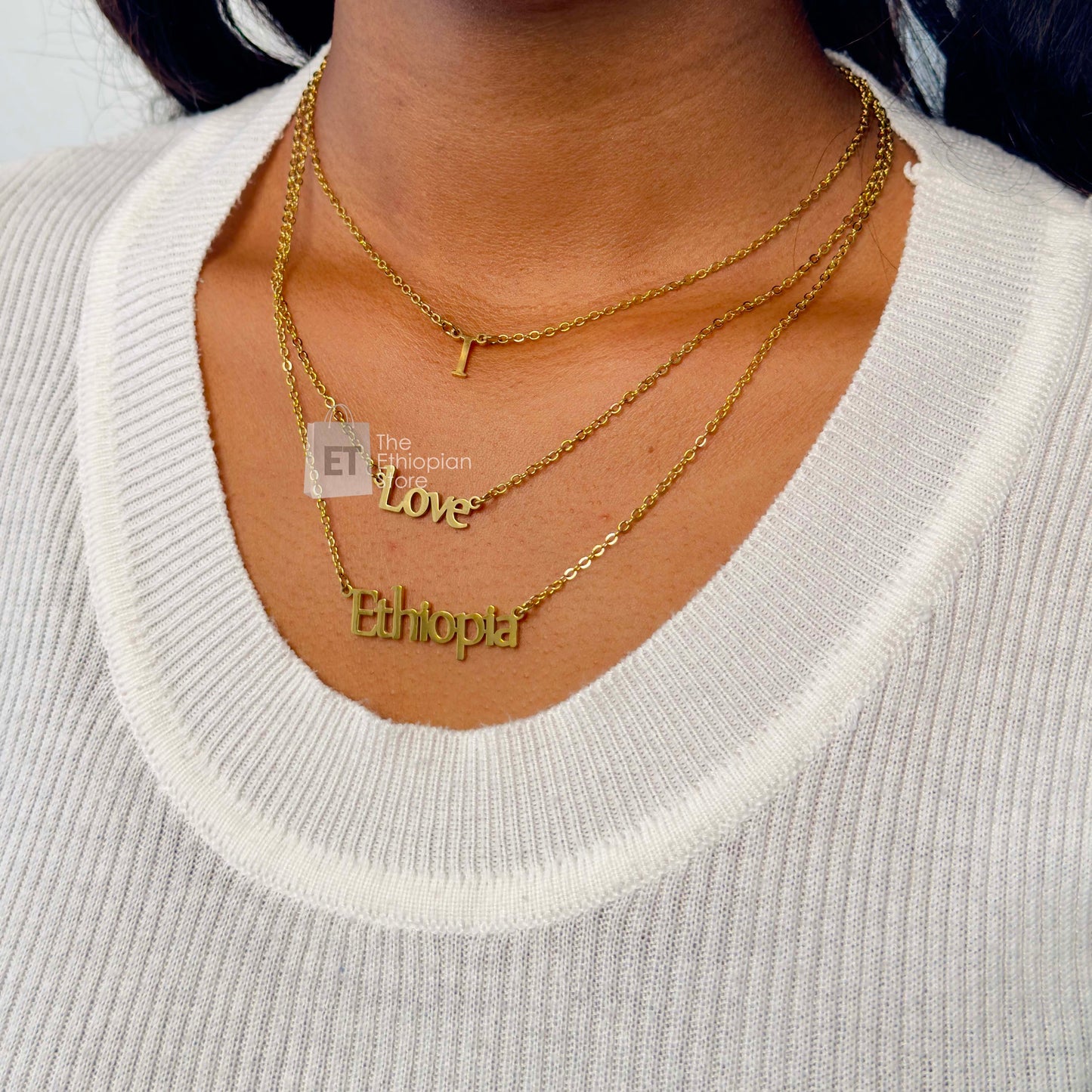 Triple Layer I Love Ethiopia Pendant Necklace in Golden Color Habesha Necklace Ethiopian Necklace