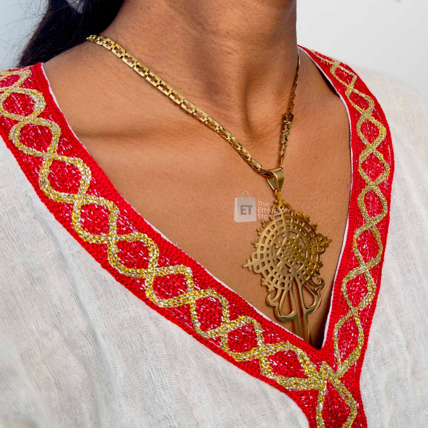 3-Piece Cross Design Golden Color Traditional Ethiopian Jewelry Habesha Jewelry Set Includes Necklace, Earrings and  Ring