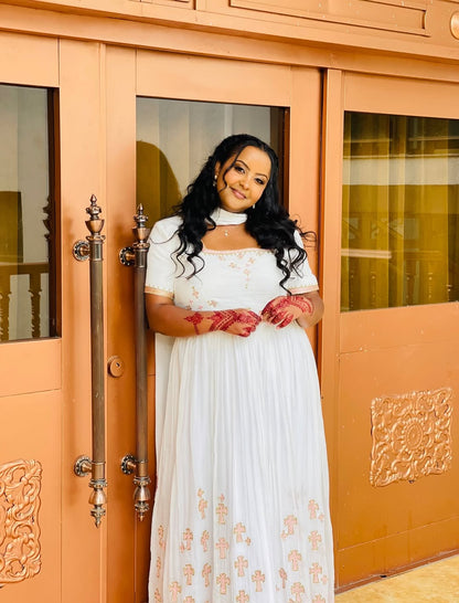 Cute Habesha Kemis with Soft Pink Embroidery for Occasions
