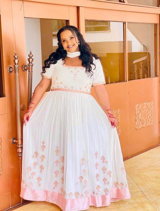 Cute Habesha Kemis with Soft Pink Embroidery for Occasions