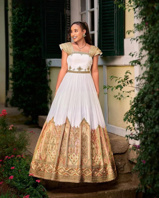 Stunning Traditional Ethiopian Dress with Exquisite Gold and Warm Tone Embroidery for Weddings

