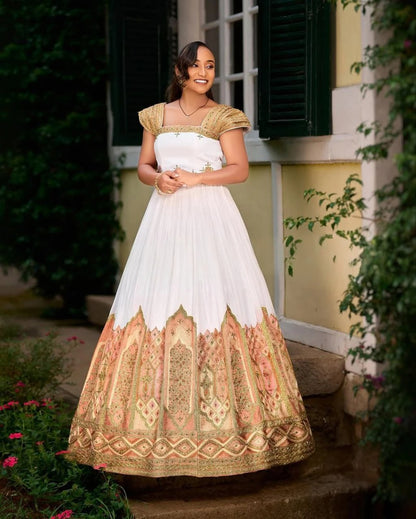 Stunning Traditional Ethiopian Dress with Exquisite Gold and Warm Tone Embroidery for Weddings