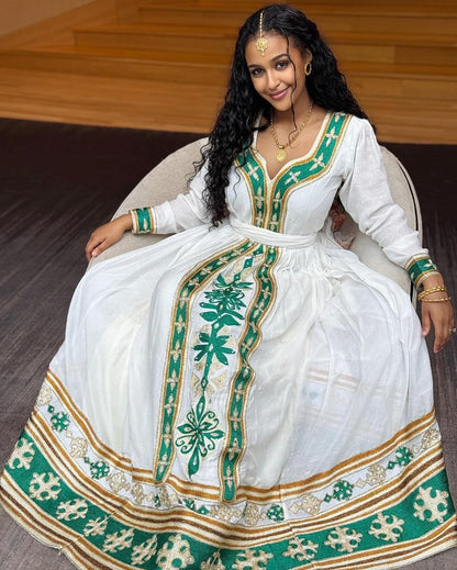 Stylish Habesha Kemis with Green and Gold Embroidery – Eritrean Dress – Eritrean Traditional Clothing
