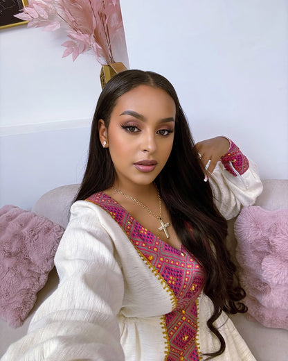 Elegant Habesha Dress with Vibrant Pink and Gold Embroidery – Habesha Kemis – Zuriya