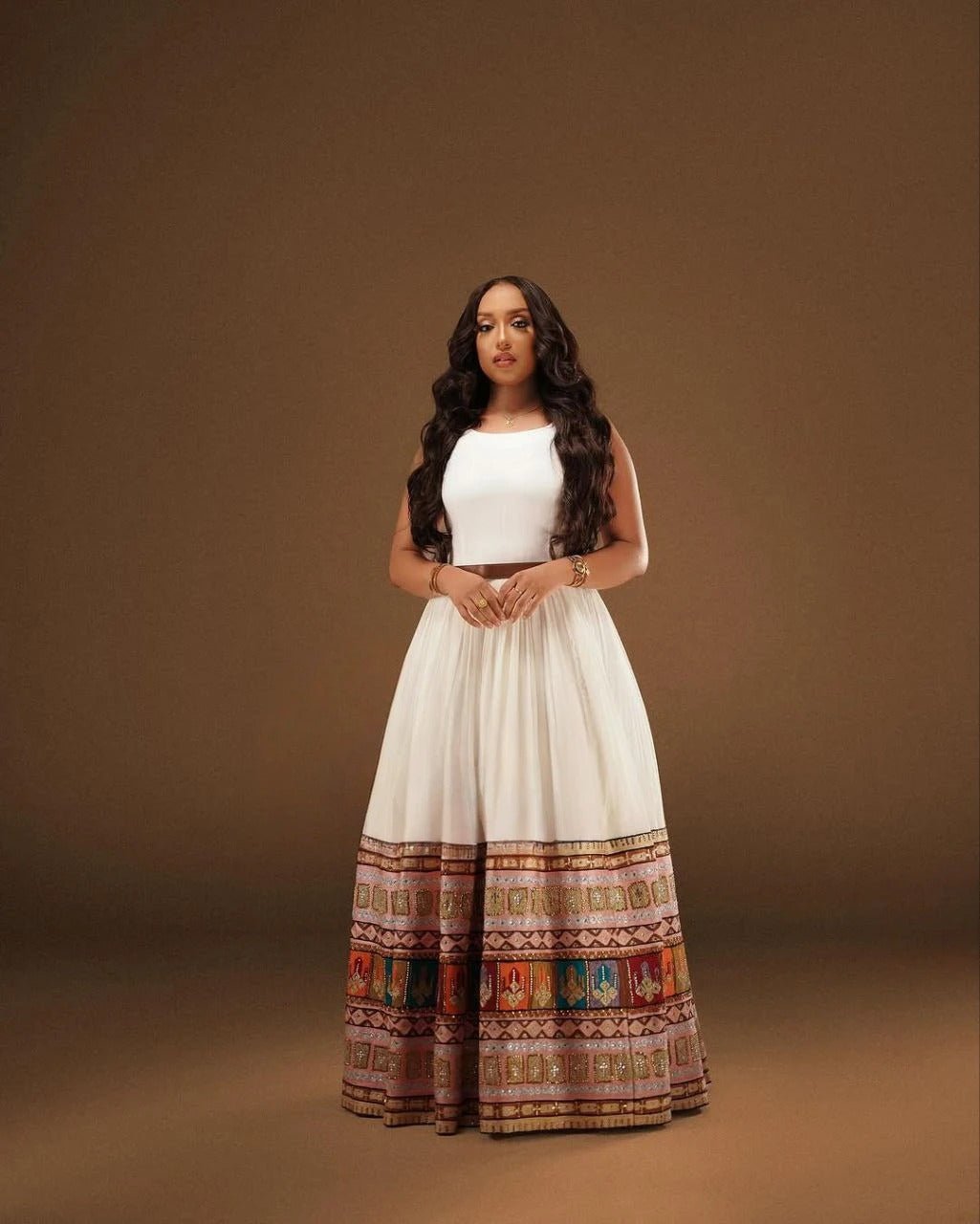 Modern White Habesha Two-Piece with Multi-Color Tibeb – Stylish Ethiopian Outfit main image 1