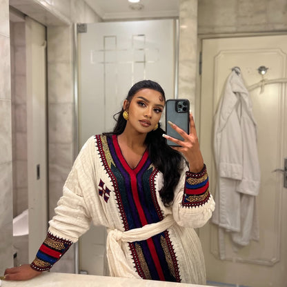 Modern Habesha Kemis Robe Dress with Tibeb Embroidery | Ethiopian Cultural Wear