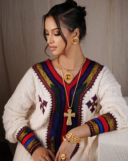 Modern Habesha Kemis Robe Dress with Tibeb Embroidery | Ethiopian Cultural Wear