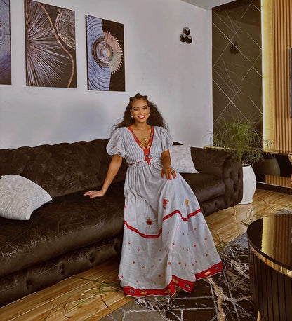 Classic comfort handwoven cotton habesha dress with red design habesha kemis