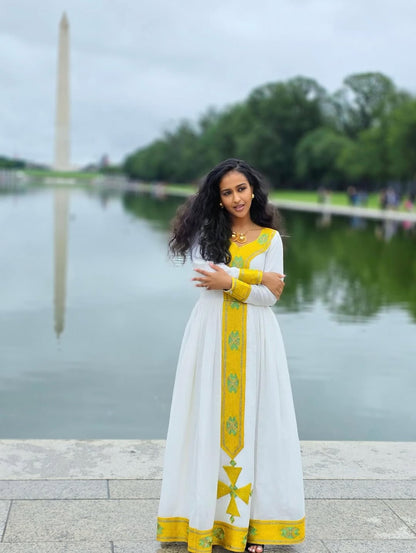 Graceful Habesha Dress with Yellow Embroidery – Habesha Kemis – Ethiopian Traditional Clothing