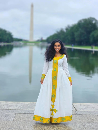 Graceful Habesha Dress with Yellow Embroidery – Habesha Kemis – Ethiopian Traditional Clothing
