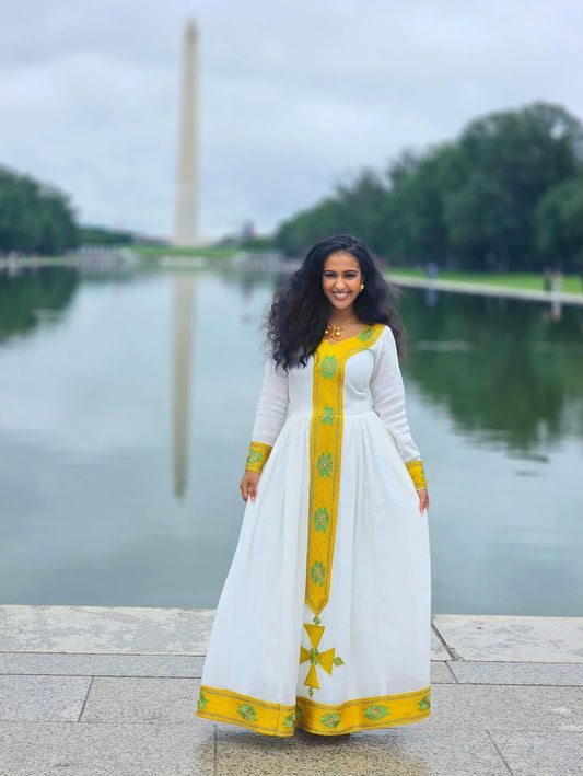 Graceful Habesha Dress with Yellow Embroidery – Habesha Kemis – Ethiopian Traditional Clothing
