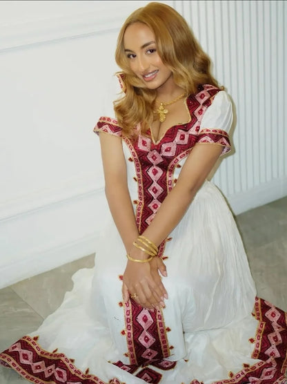 Vêtement éthiopien à manches courtes, broderie rouge, robe Habesha, Habesha Kemis élégant 439