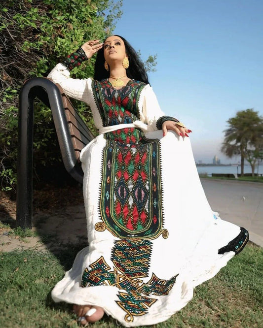 Vibrant Habesha Kemis with Geometric Embroidery for Special Occasion - Habesha Clothing - Eritrean Dress