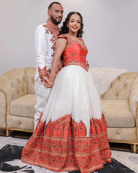 Matching Traditional Wedding Outfits with Red and Gold Accents Habesha Wedding Dress - Ethiopian Clothing
