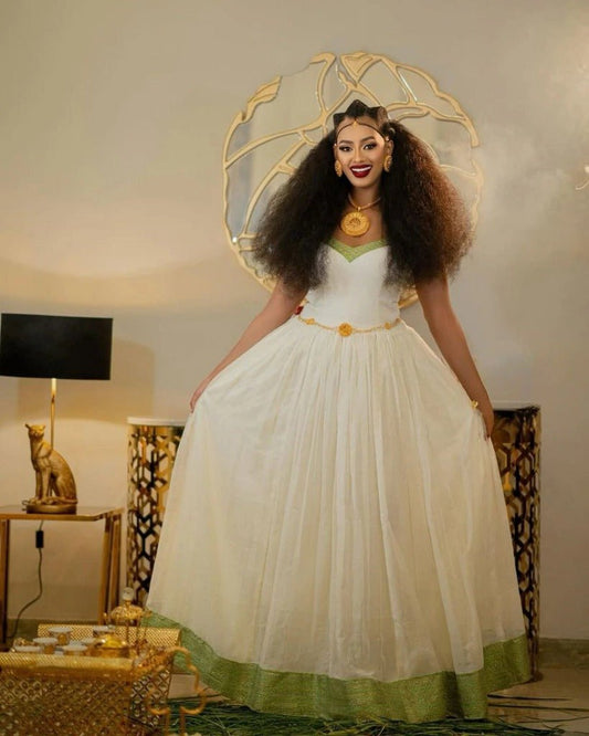 Simple Habesha Kemis with Green Accents – Traditional Ethiopian Dress – Habesha Clothing 
