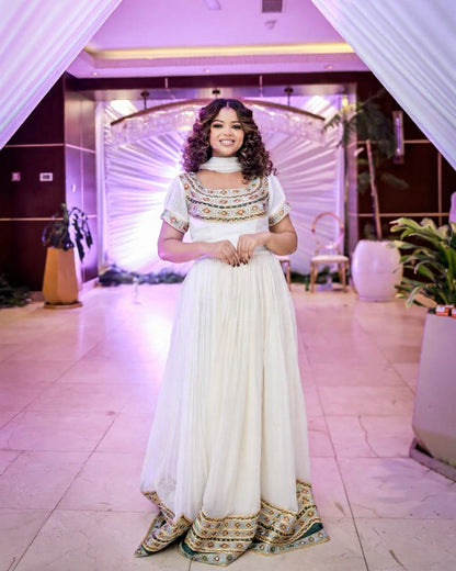 Elegant Habesha Dress with Green and Gold Embroidery – Habesha Kemis – Ethiopian Traditional Clothing
