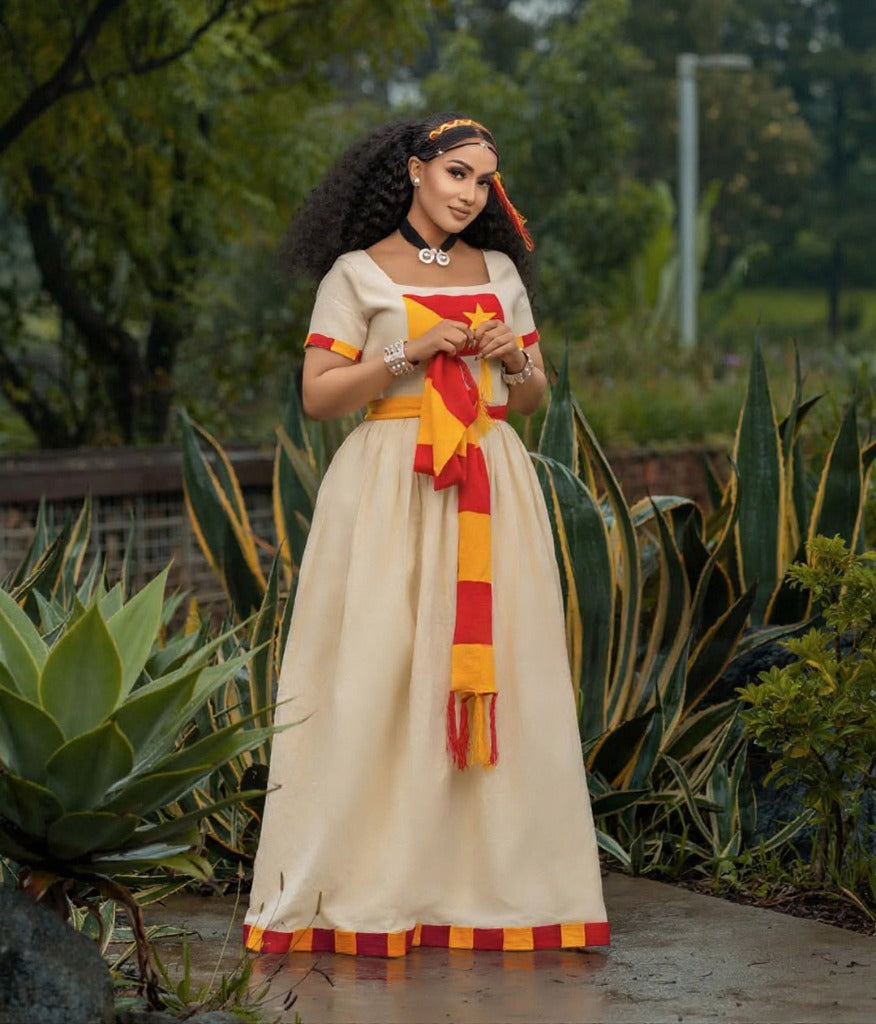 Chic Ashenda Kemis with Bold Red and Yellow Accents – Habesha Dress