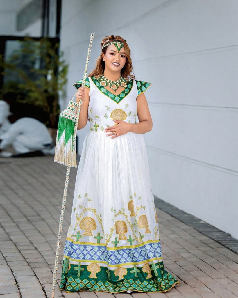 Traditional Ethiopian Couple Outfit with Green and Gold Embroidery – Ethiopian Wedding Dress – Habesha Clothing