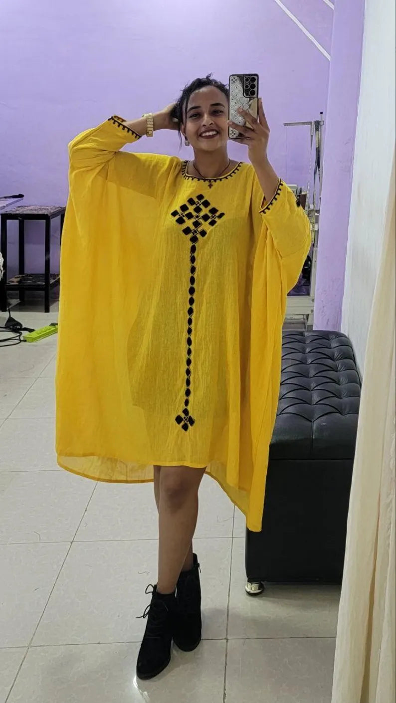 Radiant Yellow Free-Size Habesha Coffee Dress with Cultural Elegance Ethiopian Coffee Dress