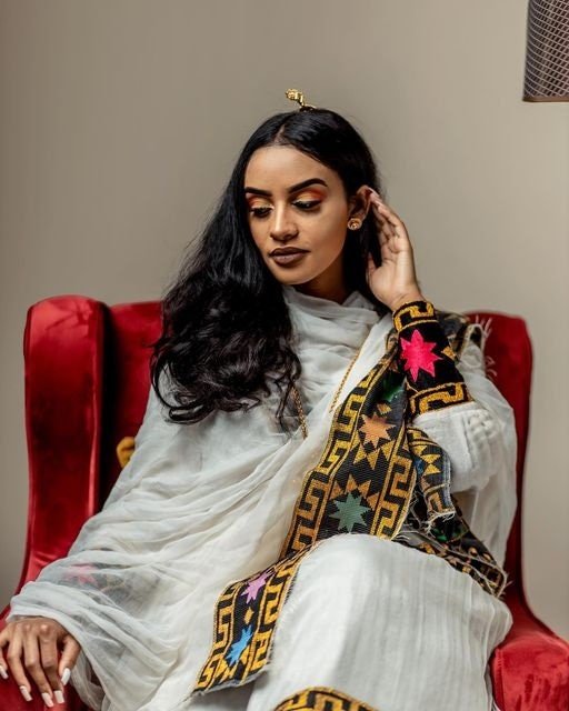 A Stunning Shimena Ethiopian Traditional Dress With Menen Fabric and Beautiful Tilf Design, Habesha dress, Habesha kemis, ሀበሻ, Eritrean