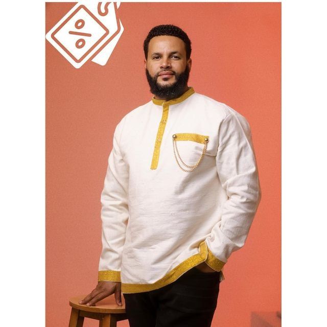 A Simple Modern Ethiopian Traditional Shirt for Men With Yellow Tilf, Habesha dress, Habesha kemis, Eritrean dress, Kemis, ሀበሻ