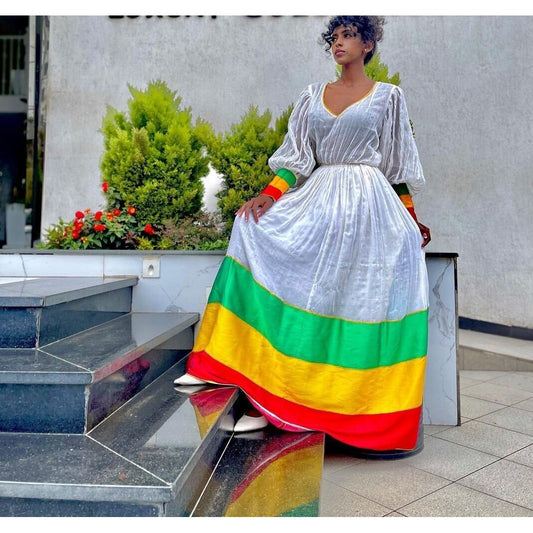 Pride of Ethiopia: Handwoven Shimena and Menen Fabric Habesha Dress with Flag-Inspired Design, Habesha Kemis, Eritrean dress, ሀበሻ