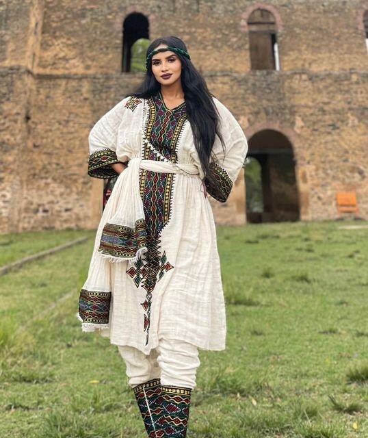 Tirtir Shimena 2-Piece Habesha Kemis with Tilf Neckline and Fetil, Habesha Kemis, Eritrean dress, ሀበሻ