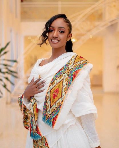 Elegant Habesha Dress with Menen Fabric and Shimena Bottom, Habesha Kemis, Eritrean dress, ሀበሻ