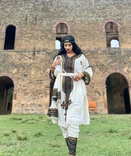 Tirtir Shimena 2-Piece Habesha Kemis with Tilf Neckline and Fetil, Habesha Kemis, Eritrean dress, ሀበሻ