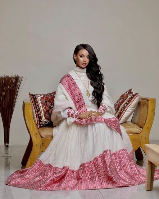 Beautiful & Classy Ethiopian Tibeb Traditional Dress, Handwoven, Menen ...