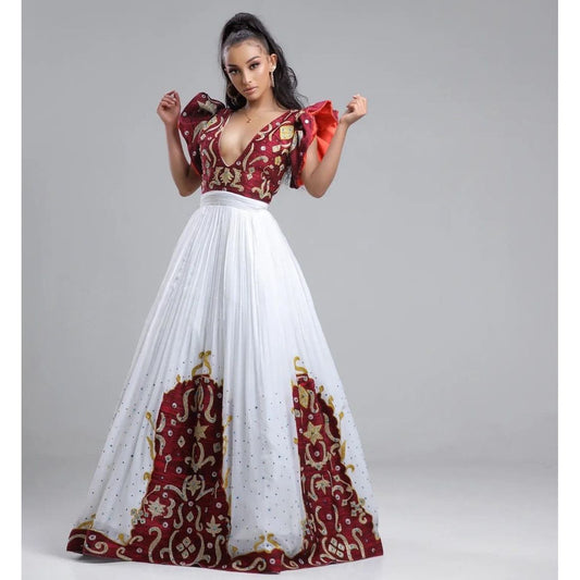 A Menen Fabric Habesha Kemis with Shimena Top, Beaded Accents, and Tilf Hem , Habesha Kemis, Eritrean dress, ሀበሻ