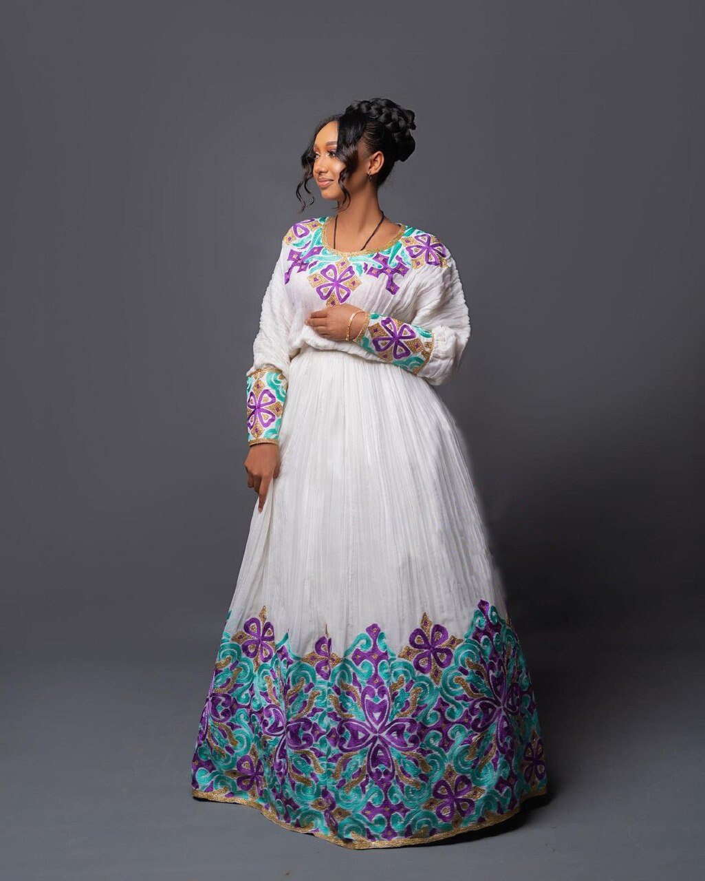 Regal Menen Habesha Kemis with a Stunning Purple and Blue Tilf Pattern and Shimena Dress, Habesha Kemis, Eritrean dress, ሀበሻ