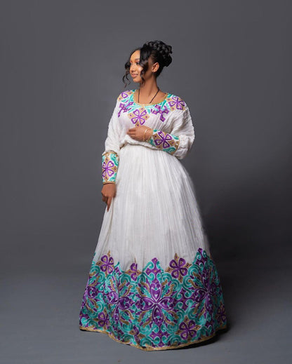 Regal Menen Habesha Kemis with a Stunning Purple and Blue Tilf Pattern and Shimena Dress, Habesha Kemis, Eritrean dress, ሀበሻ