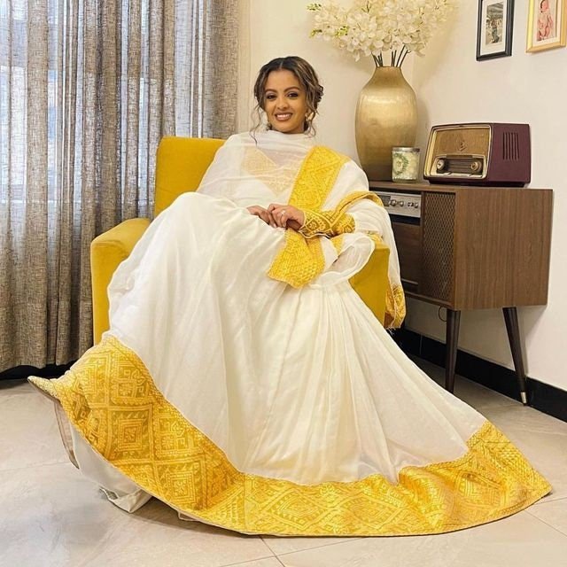 Golden Sun: A Handwoven Shimena Habesha Dress with Stunning Yellow Tilf Embroidery, Habesha Kemis, Eritrean dress, L Golden Sun: A Handwoven Shimena Habesha Dress with Stunning Yellow Tilf Embroidery, Habesha Kemis, Eritrean dress, L