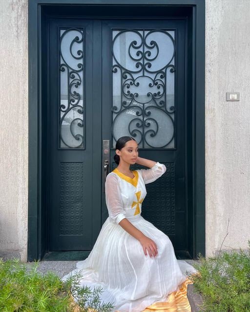Ethiopian Elegance: A Stunning Tibeb Dress with Intricate Tilf Embroidery and Cross Neckline, Habesha Kemis, Eritrean dress, ሀበሻ