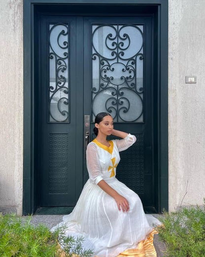 Ethiopian Elegance: A Stunning Tibeb Dress with Intricate Tilf Embroidery and Cross Neckline, Habesha Kemis, Eritrean dress, ሀበሻ