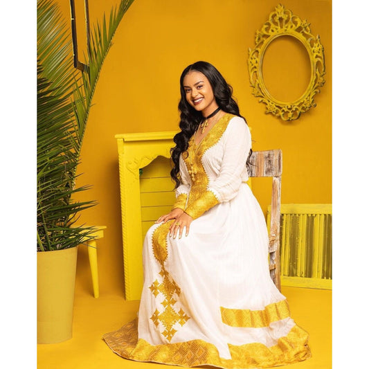 Sunshine in Shimena: Handwoven Yellow Tibeb Habesha Dress, Habesha Kemis, Eritrean dress, ሀበሻ