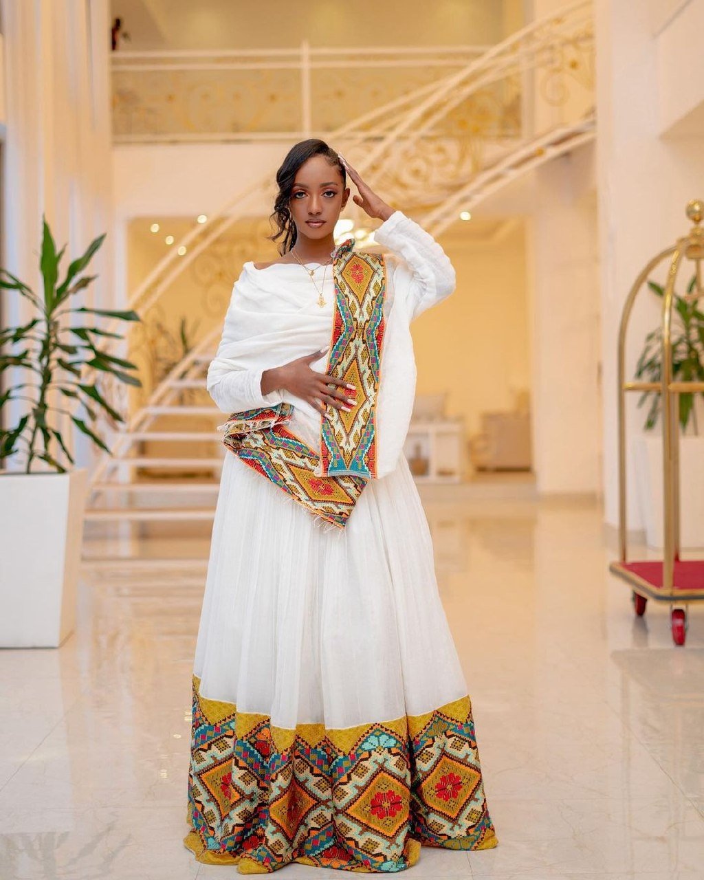 Elegant Habesha Dress with Menen Fabric and Shimena Bottom, Habesha Kemis, Eritrean dress, ሀበሻ