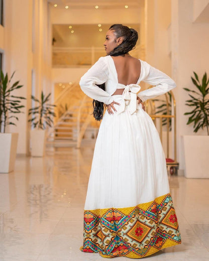 Elegant Habesha Dress with Menen Fabric and Shimena Bottom, Habesha Kemis, Eritrean dress, ሀበሻ
